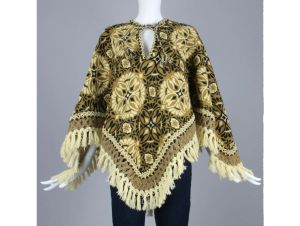 Vintage 1960s Reversible Psychedelic Tapestry Fringe Poncho Shawl Cape