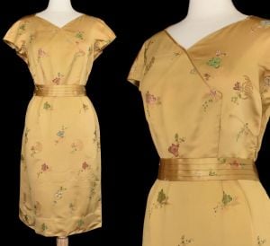 1960s Asian Dress Jacket Ensemble Gold Chinoiserie Roses Silk Satin Cocktail Dress and Jacket, L - Fashionconservatory.com