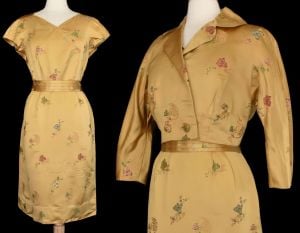 1960s Asian Dress Jacket Ensemble Gold Chinoiserie Roses Silk Satin Cocktail Dress and Jacket, L