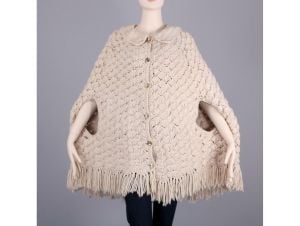 Vintage 1960s Ivory Crochet Sweater Knit Fringe Poncho Shawl Cape