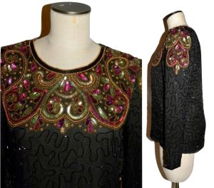 Vintage 80's Black Silk BEADED Top | Colorful Sequin Neckline | S - Fashionconservatory.com
