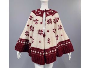 OS Vintage 1960s Burgundy Cream Crochet Knit Cape Poinsettia Lodge Poncho 60s