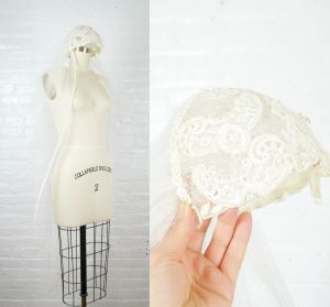 1960s bridal lace cap with long veil . 60s  simple veil