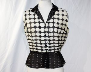 Size 12 1950s Summer Top Art Deco Print Sheer Cotton Sleeveless 40s 50s Shirt Black & White Circles