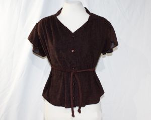 Size 8 1970s Casual Shirt - Medium Cocoa Brown Terry Knit Short Sleeve 70s Top - Spring Summer 1940s