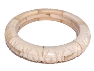 Vintage Cream Carved Bone Mosaic Bangle Bracelet Chunky Bohemian Tiki