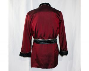 Men's Small Smoking Jacket 1950s Asian Maroon Red Sharkskin Robe with Black Trim - 50s Lounge - Fashionconservatory.com