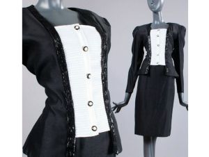 Vintage 1980s Deadstock Samuel Scott Black & White Tuxedo Beaded Jacket & Skirt Suit Set | S/M