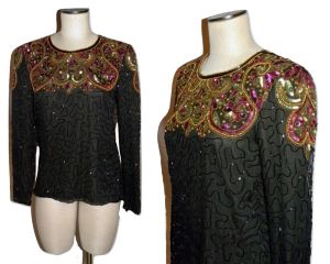 Vintage 80's Black Silk BEADED Top | Colorful Sequin Neckline | S