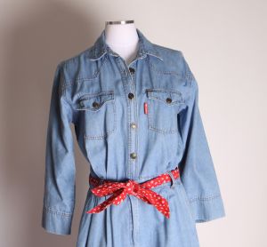 1980s Light Blue 3/4 Length Sleeve Button Up & Zippered Belted Denim Jumpsuit by Gloria Vanderbilt - Fashionconservatory.com