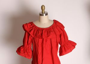 1970s Red Half Sleeve Ruffle Off the Shoulder Shirt Blouse by Malco Modes - XL - Fashionconservatory.com