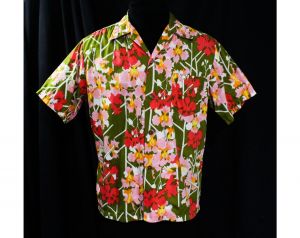 Men's Large Orchid Print Shirt - 1960s Novelty Print Mens Hawaiian Lounge Wear Tiki Tropical Exotic
