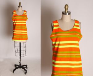 1960s Bright Neon Orange, Yellow and Green Striped Wide Strap Tank Top Blouse - L