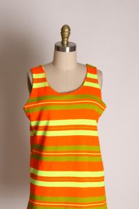 1960s Bright Neon Orange, Yellow and Green Striped Wide Strap Tank Top Blouse - L - Fashionconservatory.com