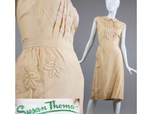 L Vintage 1950s Ivory Tan Embroidered SILK Dress Skirt Top Set by Susan Thomas