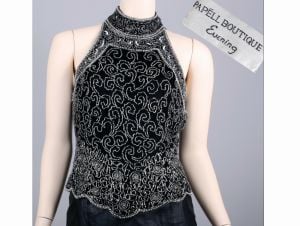Vintage 80s Papell Boutique Evening Pure Silk Black Silver Sequin Beaded Evening Top | S