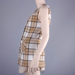 Vintage 1960s MISS HOLLY Tan White Plaid Mod Top Long Vest Shirt w/Hip Pockets | XXS - Fashionconservatory.com