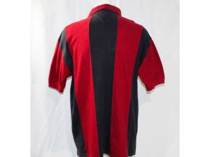 Men's Large 90s Tommy Hilfiger Polo Shirt - Brick Red Navy Blue Striped - Preppy 1990s Short Sleeved - Fashionconservatory.com