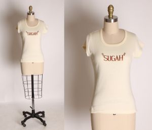 1970s Cream and Brown Phrase Sugar Sugah T Shirt by T-Jons - XS