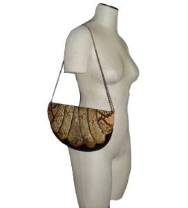 70s 80s Leather & Snakeskin Shoulder Bag | Large Half Moon Disco Clutch | 13'' x 7.5'' x 1''