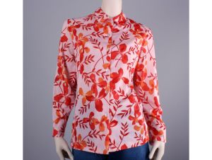 Vintage 1970s Pink Red Bold Floral Vine Nylon Button Up Blouse Shirt | L