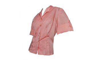 Vintage 1950s Shimmery Cold Rayon Pink Shirt Short Sleeve Rockabilly Secretary Blouse | 39'' Bust - Fashionconservatory.com