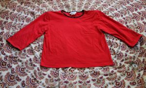 L/ Vintage Red Blouse, Half Sleeve Red Shirt w/ Black Trim and Crew Neck, Bright Red 80s Dress Shirt