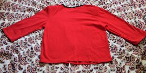 L/ Vintage Red Blouse, Half Sleeve Red Shirt w/ Black Trim and Crew Neck, Bright Red 80s Dress Shirt - Fashionconservatory.com