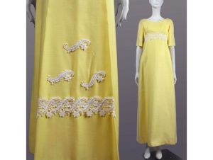 Vintage 1960s Yellow White Embroidered Maxi Cocktail Dress Party Empire | S