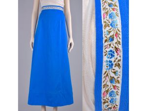 XS Vintage 1960s Blue Prairie Maxi Skirt Floral Embroidered Ribbon Metal Zip