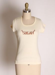 1970s Cream and Brown Phrase Sugar Sugah T Shirt by T-Jons - XS - Fashionconservatory.com