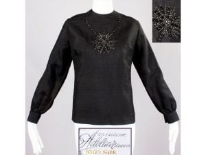 Plus Vintage 50s ADELAAR Silk Blouse Black Dupioni Rhinestone Long Sleeve Top | L/XL