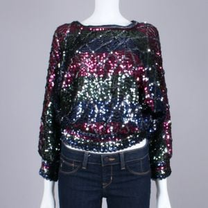 S/M Vintage 1970s Sequin Batwing Shirt Crop Top Plunging Back Disco Club - Fashionconservatory.com