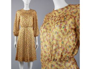 Vintage 70s Fall Leaves Shimmery Lightweight Sheer Casual Midi Dress | S/M