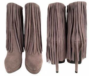 LUICHINY High Life Grey Suede Leather Pointed Toe FRINGE Heel Boots 38 in Box | 8 - Fashionconservatory.com