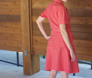 M/ Vintage Coral Button Up Top w/ Skirt & Sash, 60’s Pink Day Dress, 2 Piece Set, Vintage Uniform - Fashionconservatory.com