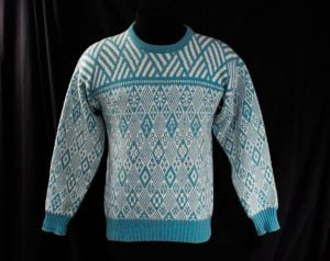 Men's Medium Ski Sweater - 1960s Mens Pullover - Robin's Egg Turquoise Blue Fair Isle Wool Knit