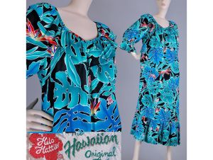 Vintage 1980s Size M Hilo Hattie Hawaiian Bird of Paradise Luau Tiki Resort Dress