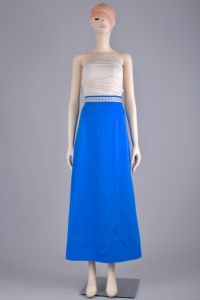 XS Vintage 1960s Blue Prairie Maxi Skirt Floral Embroidered Ribbon Metal Zip - Fashionconservatory.com