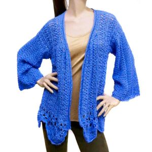 Vintage 1960s Sheer Blue Sweater Cardigan BELL SLEEVE Scalloped Crochet | M/L - Fashionconservatory.com