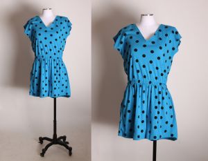 1980s Blue and Black Polka Dot Keyhole One Piece Jumpsuit Romper Shorts by Allison Blair - L