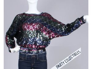S/M Vintage 1970s Sequin Batwing Shirt Crop Top Plunging Back Disco Club