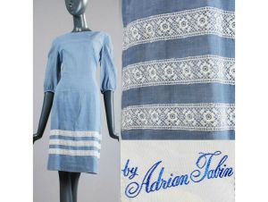 Vintage 1950s Adrian Tabin Blue Chambray Lace Pencil Dress Cotton | L