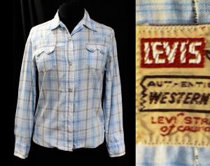 1950s Big E Levi's Western Shirt - Ladies' Size 12 Rockabilly Rodeo Cowgirl Blue Plaid Top