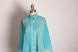 1970s Sheer Blue Organza Hip Length Faux Pearl Beaded Cape - Fashionconservatory.com