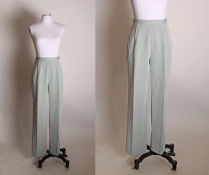 1970s Green & White Striped Double Knit Polyester Two Piece Blouse and Pants Suit - Fashionconservatory.com