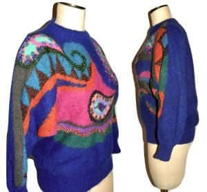 80s Bright Paisley Mohair & Angora Batwing Sweater | Royal Blue with Multi Color Metallic | S/M - Fashionconservatory.com
