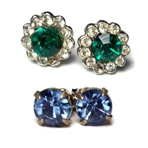 Lot of 2 Vintage 1950s Rhinestone Post Pierced Earrings Green & Blue Simple Stud
