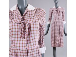 Vintage 1930s Purple Plaid Dress Tissue Cotton Day Glass Button Up Summer 30s | XS/S