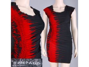 Vintage 1990s Rampage Red Black Ruched Bodycon Curvy Mini Dress Goth 90s | L